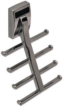 A close up of a tie rack on a white background.