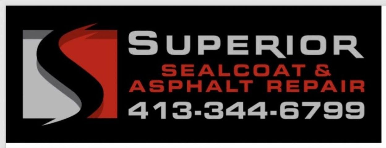 Logo for Superior Sealcoat & Asphalt Repair with the phone number 413-344-6799 on a black background.