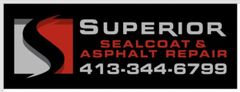 Logo for Superior Sealcoat & Asphalt Repair with the phone number 413-344-6799 on a black background.