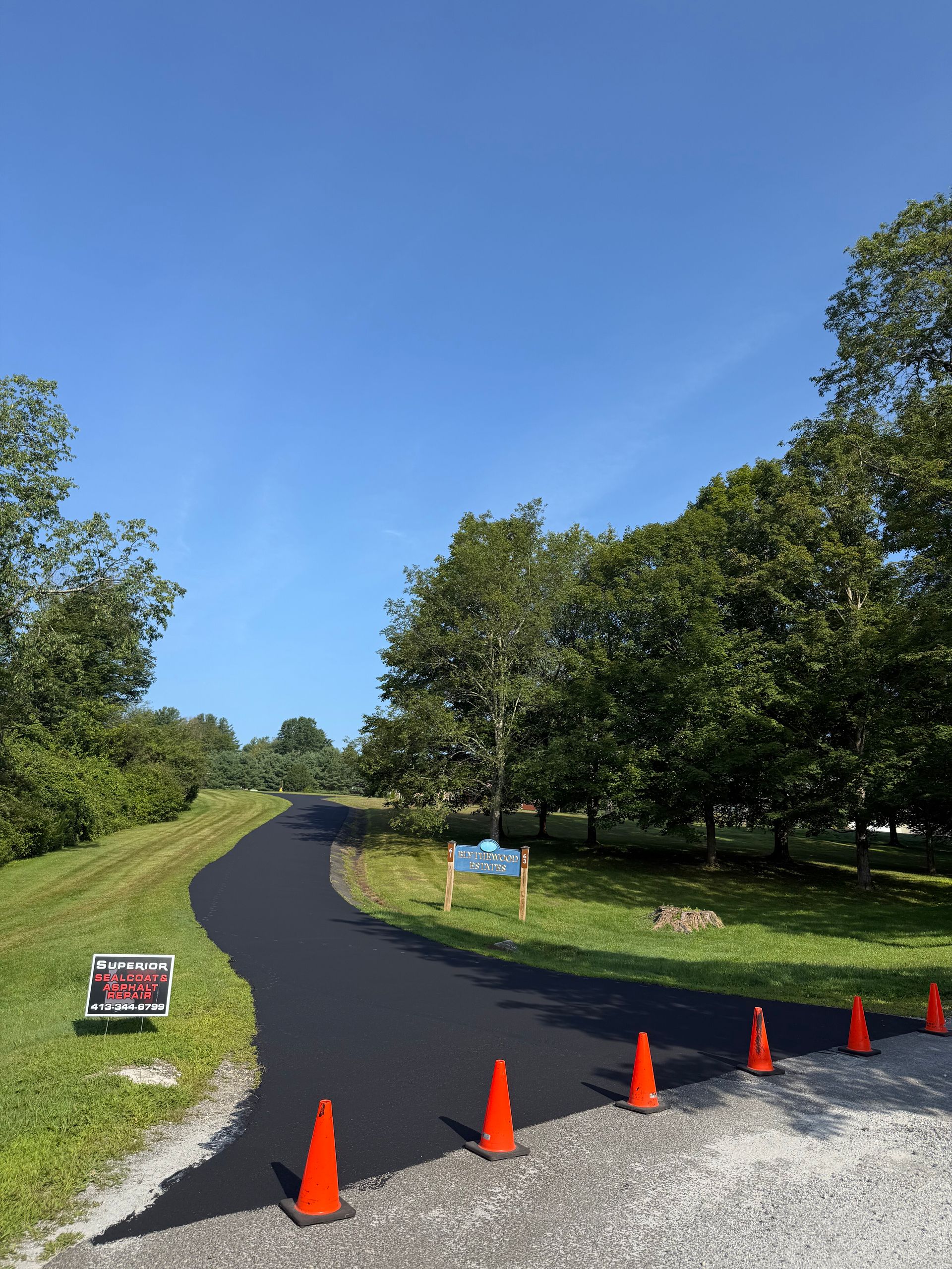 A newly paved, dark asphalt path leads into a grassy, tree-lined area, marked by a row of orange safety cones.