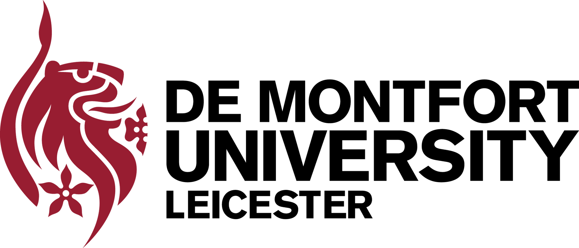 De Montfort University Leicester logo: Lion emblem in maroon, with black text.