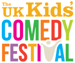 Logo for The UK Kids' Comedy Festival, colorful text with a silhouetted figure with arms raised.