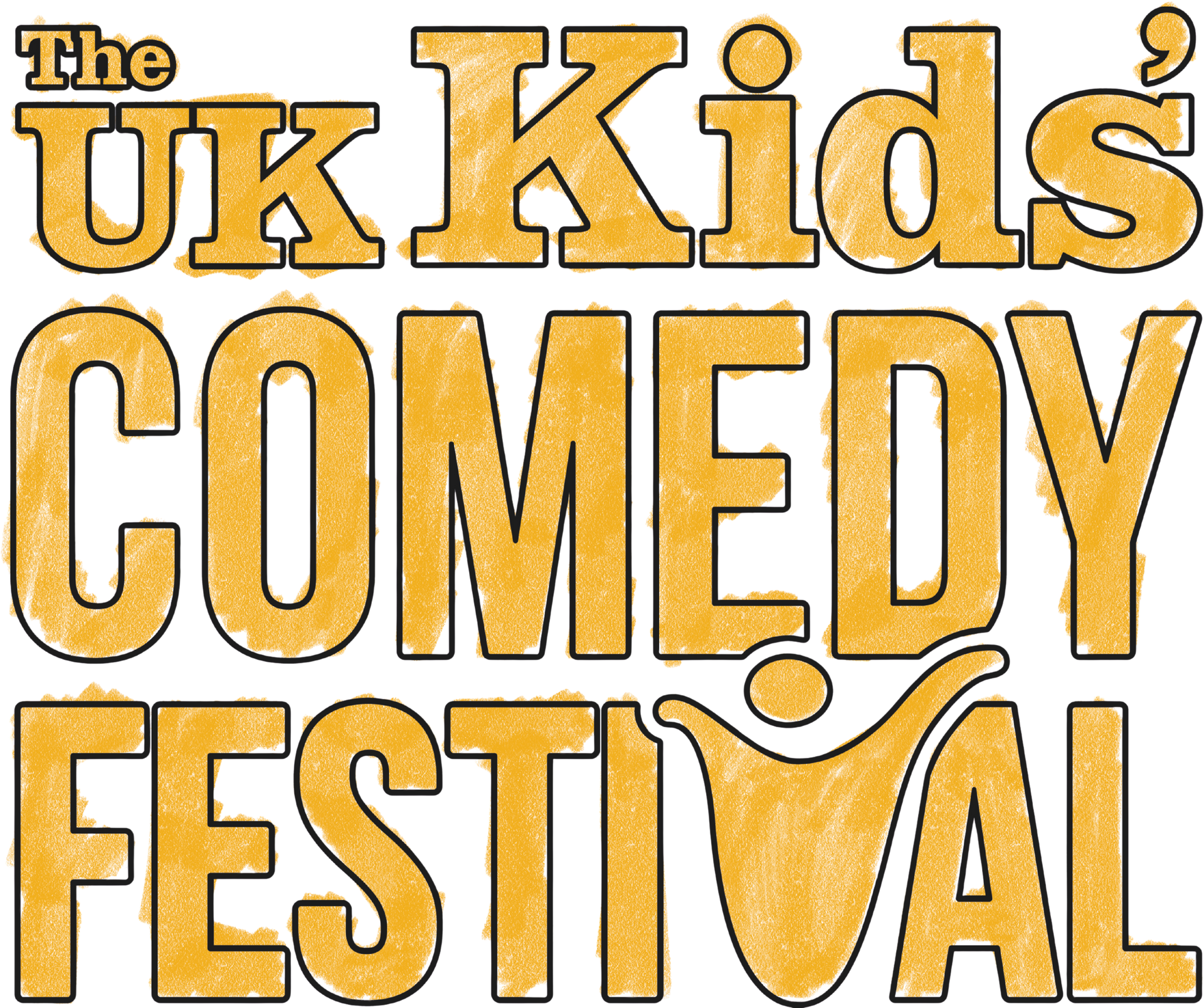 Logo for The UK Kids' Comedy Festival, colorful text with a silhouetted figure with arms raised.