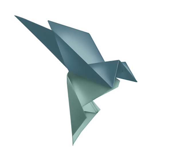 An origami bird is flying in the air on a white background