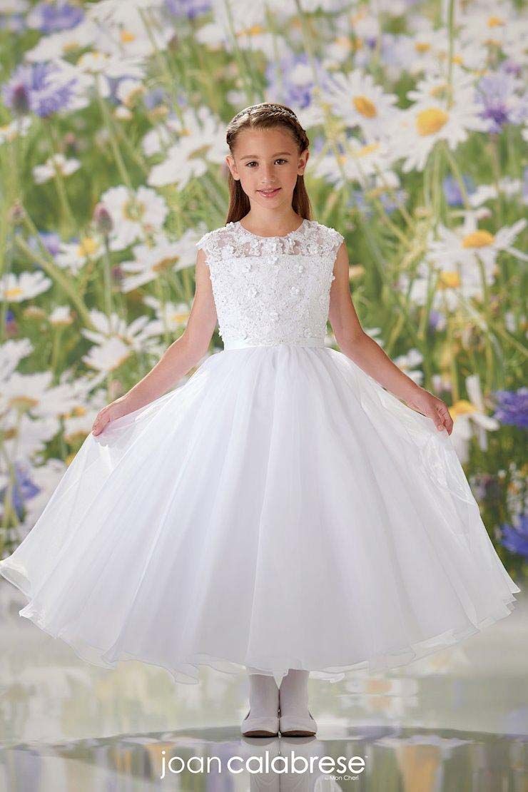Child in a white tulle dress standing before a daisy garden backdrop
