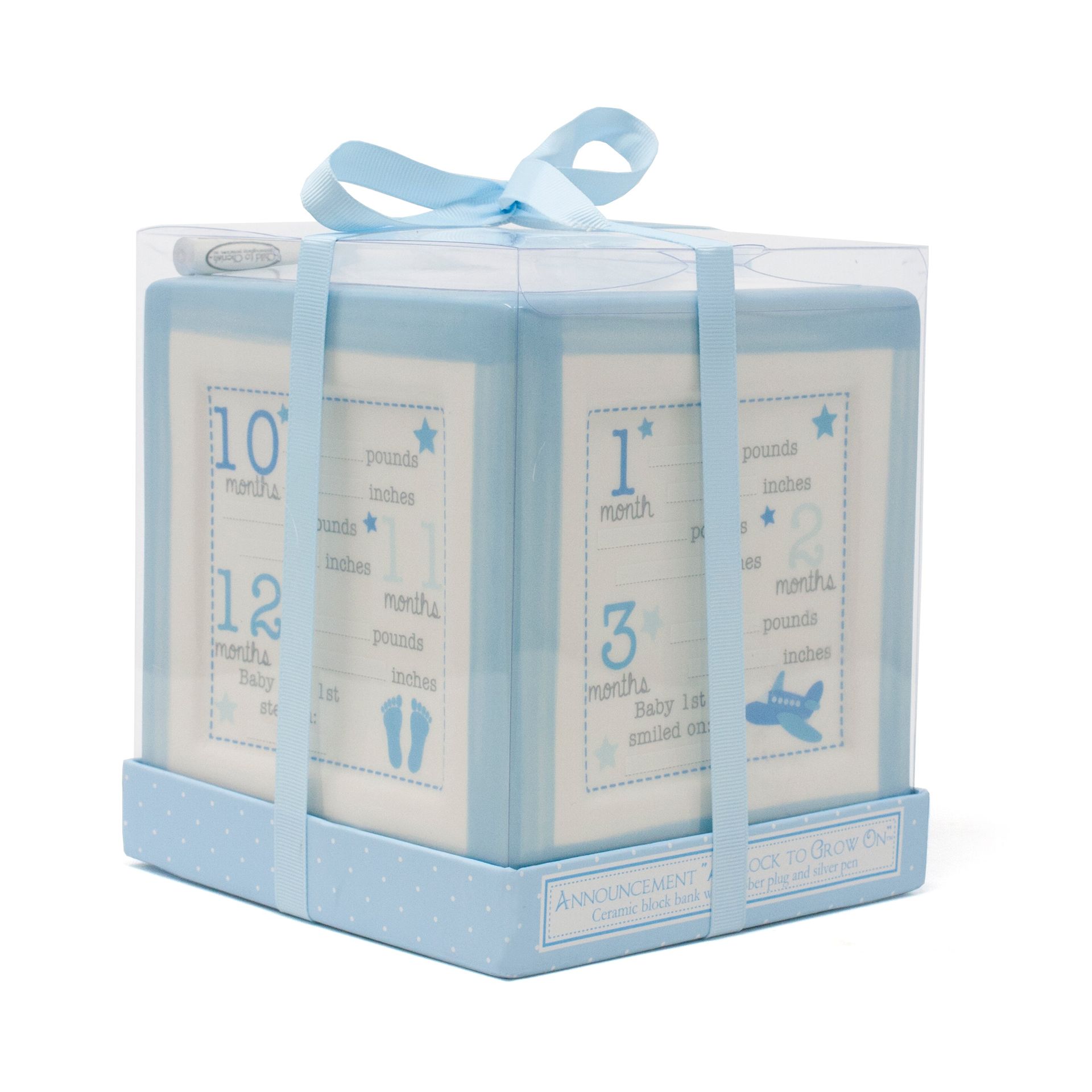 Light blue baby gift box with ribbon, decorated with milestone cards