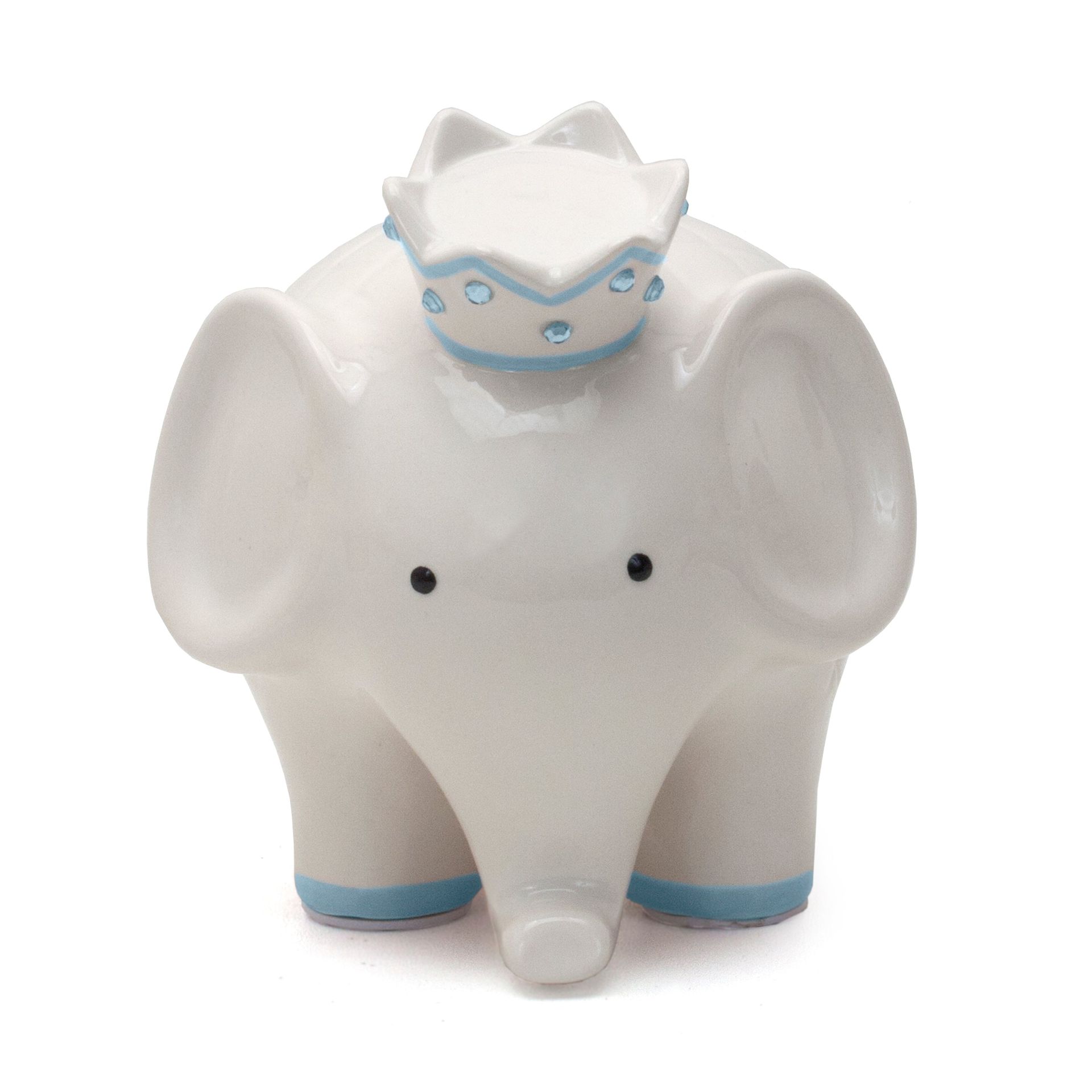 White elephant figurine with blue accents and a tiny crown, facing forward on a plain background