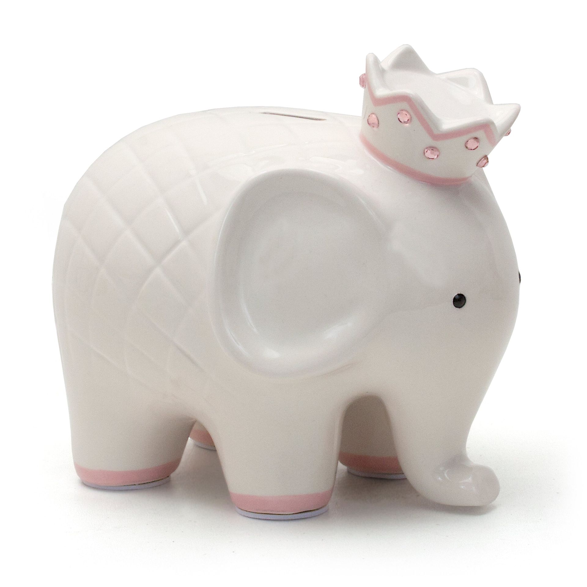 White porcelain elephant figurine with a pink crown and pink accents on a white background