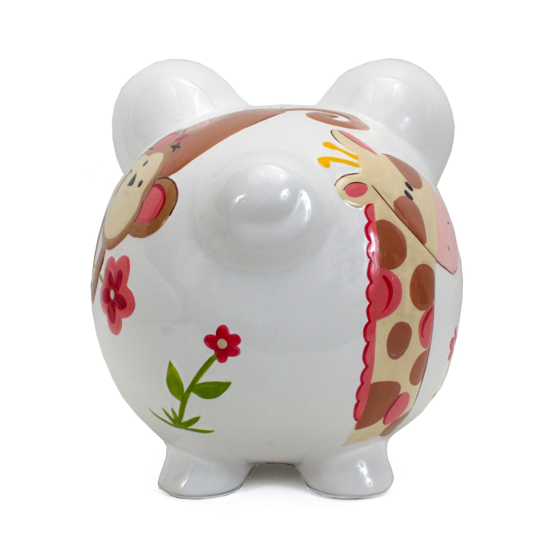 White ceramic bear-shaped piggy bank with pink floral and polka-dot decorations