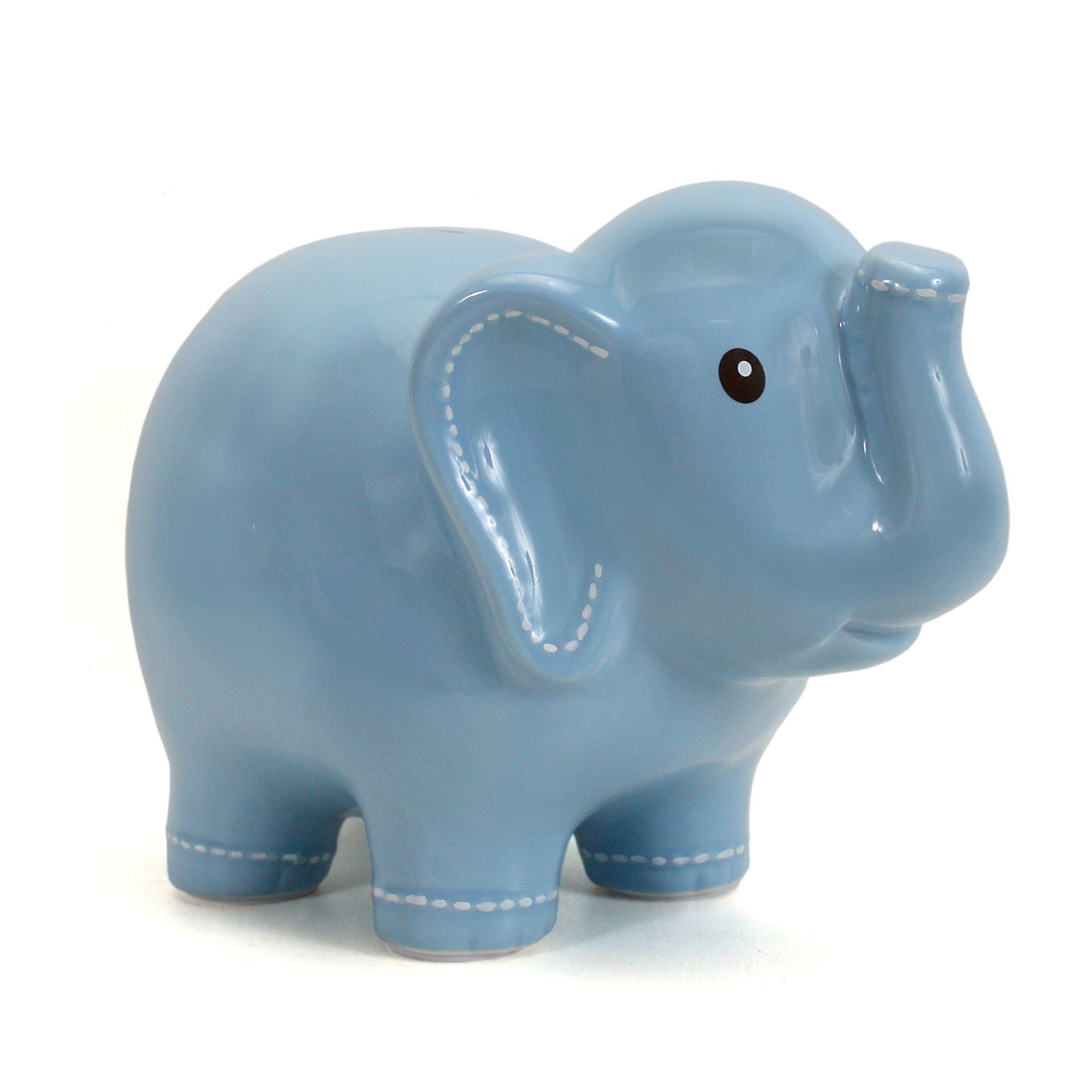 Light blue ceramic elephant figurine with a raised trunk on a white background