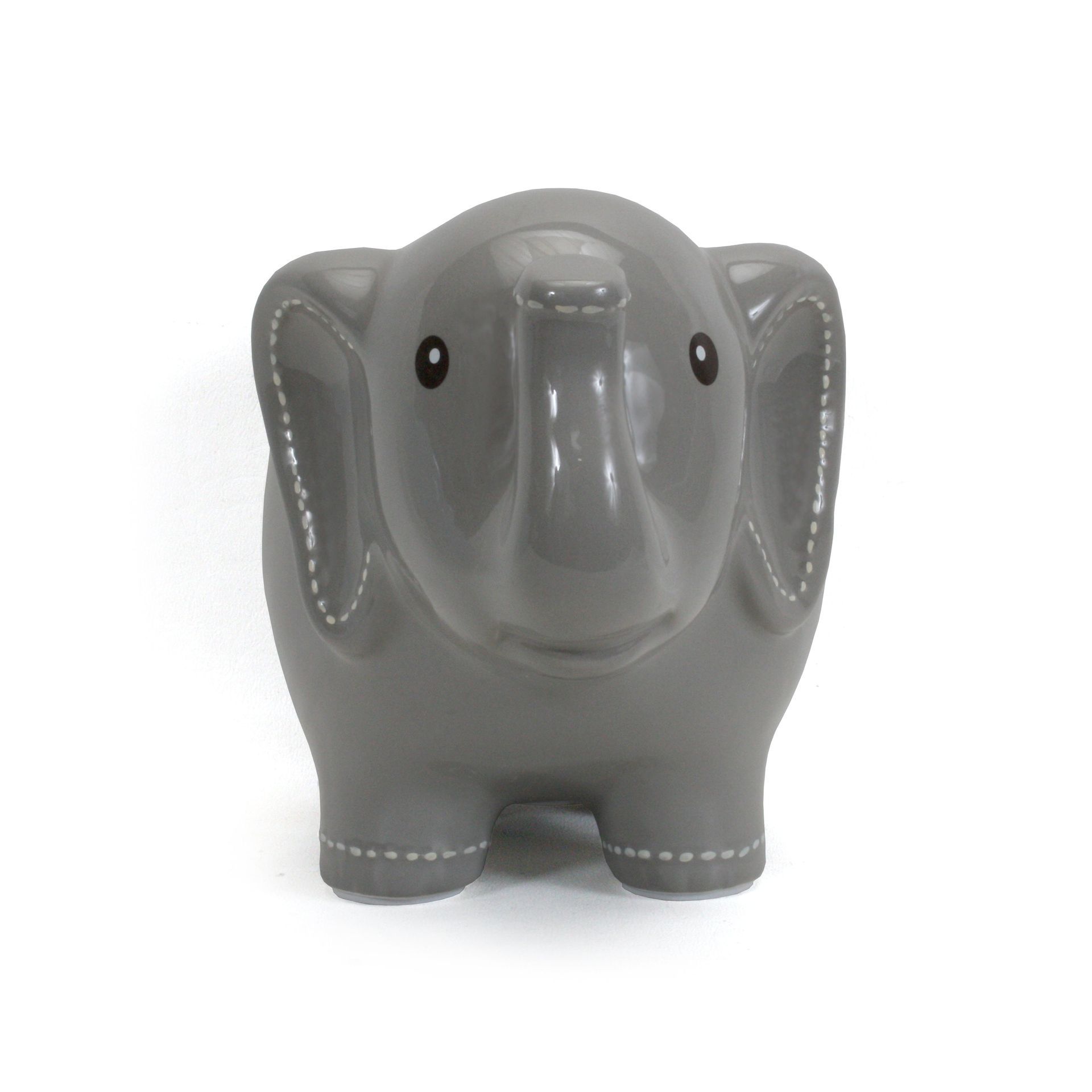 Gray elephant figurine with a glossy finish, facing forward on a white background