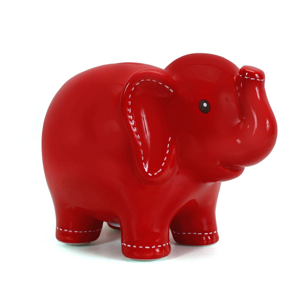 Glossy red toy elephant figurine on a white background