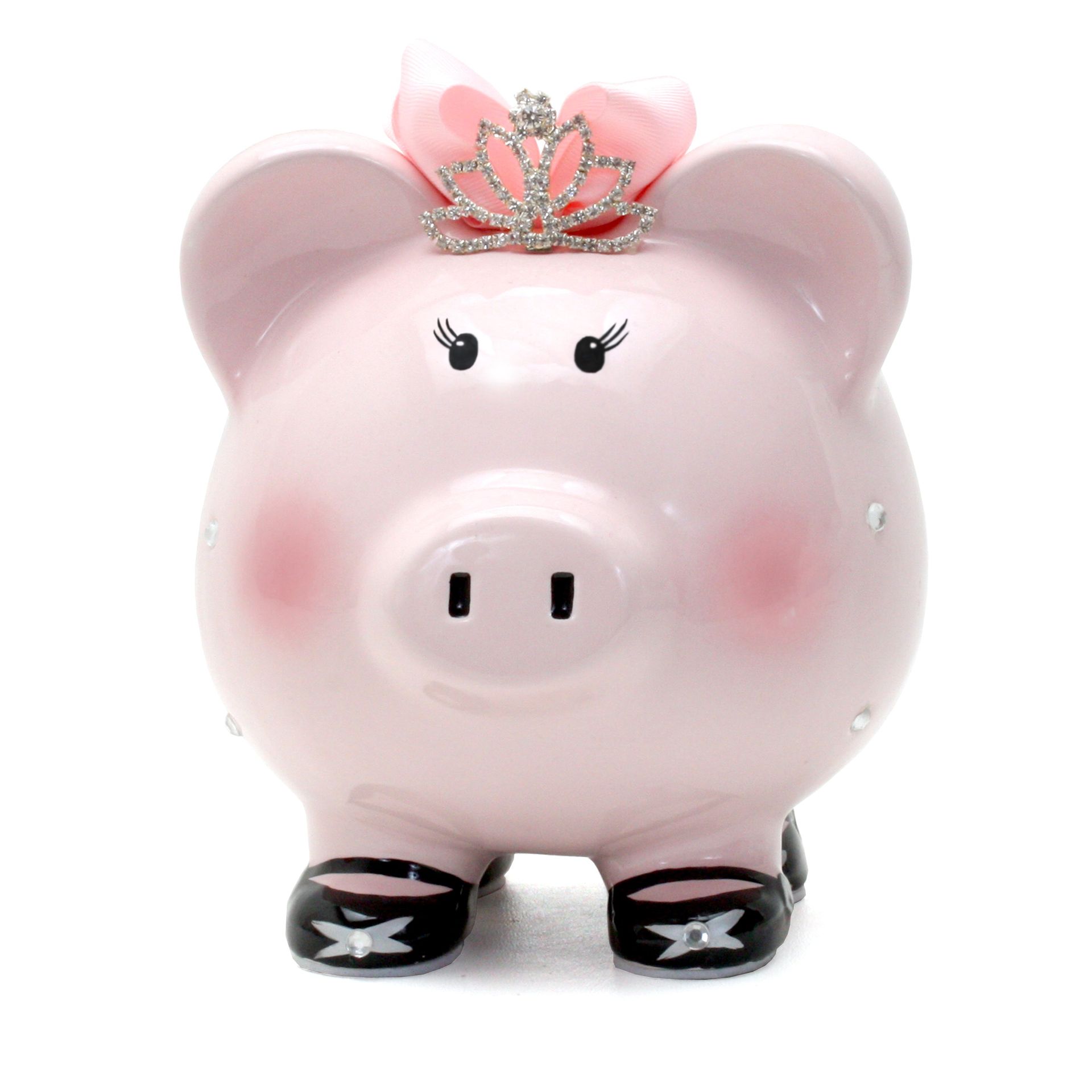Pink piggy bank with black shoes and a jeweled bow crown