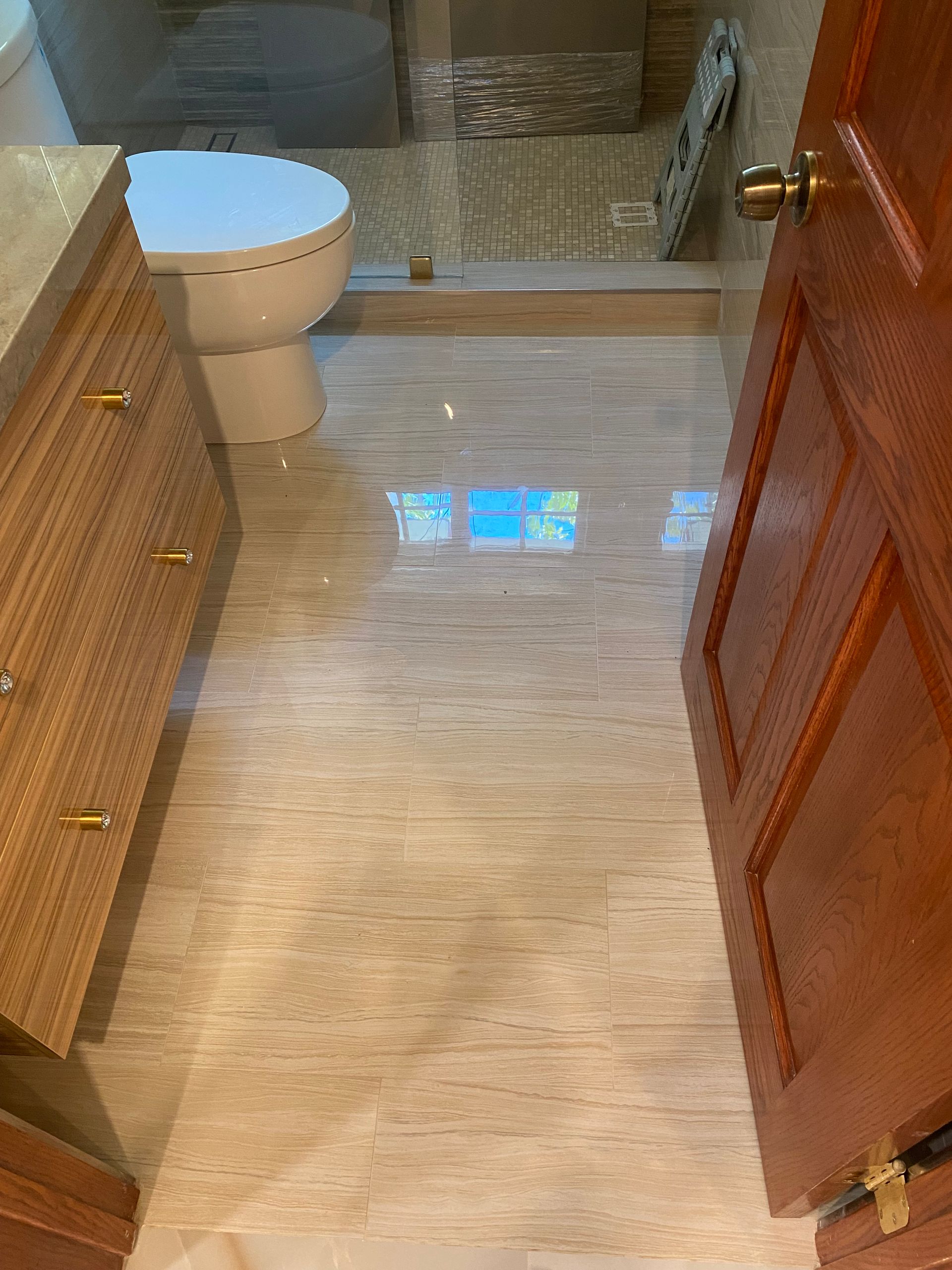 Small bathroom with marble floor, open door, toilet, and tiled shower area reflected on the floor.
