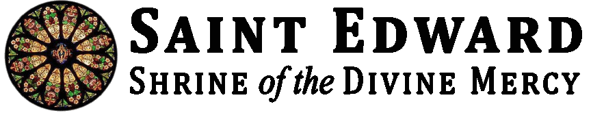 Logo for Saint Edward Shrine of the Divine Mercy, featuring a stained-glass design and bold text.