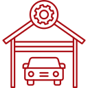 Icona rossa di un garage con un'auto all'interno e un ingranaggio sopra.