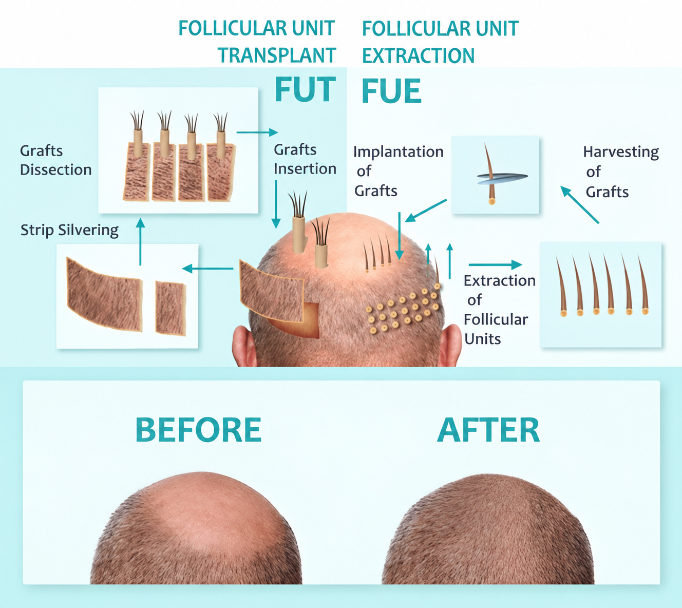 FUT and FUE hair transplant diagram showing graft collection, implantation and illustrated before-and-after coverage
