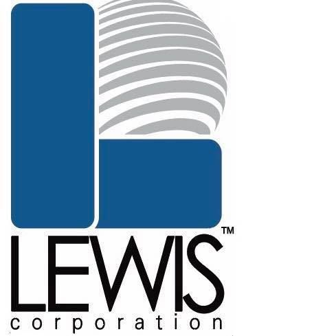 Blue and gray logo for Lewis Corporation, featuring stylized 
