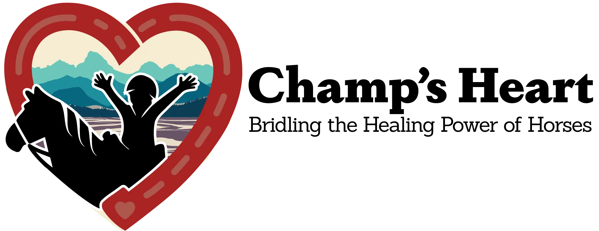 Logo of Champ's Heart. Heart-shaped horseshoe frame, horse and rider silhouette, mountains background. Text: Champ's Heart.