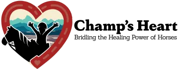 Logo of Champ's Heart. Heart-shaped horseshoe frame, horse and rider silhouette, mountains background. Text: Champ's Heart.