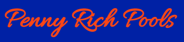 Orange script logo reading “Penny Rich Pools” on a blue background