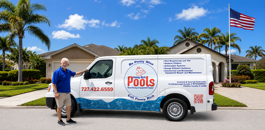 Pool service truck parked in front of a house, with a worker beside it and an American flag flying nearby.