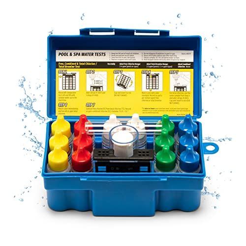 Blue plastic pool testing kit with color test tubes and a booklet in an open case
