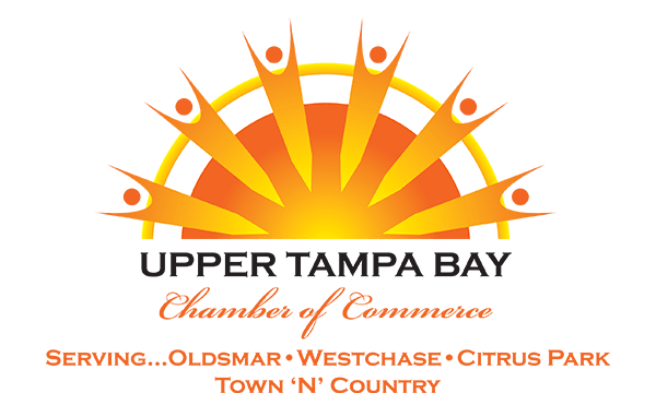 Logo for Upper Tampa Bay Chamber of Commerce featuring a stylized orange sunrise with human figures and service areas.
