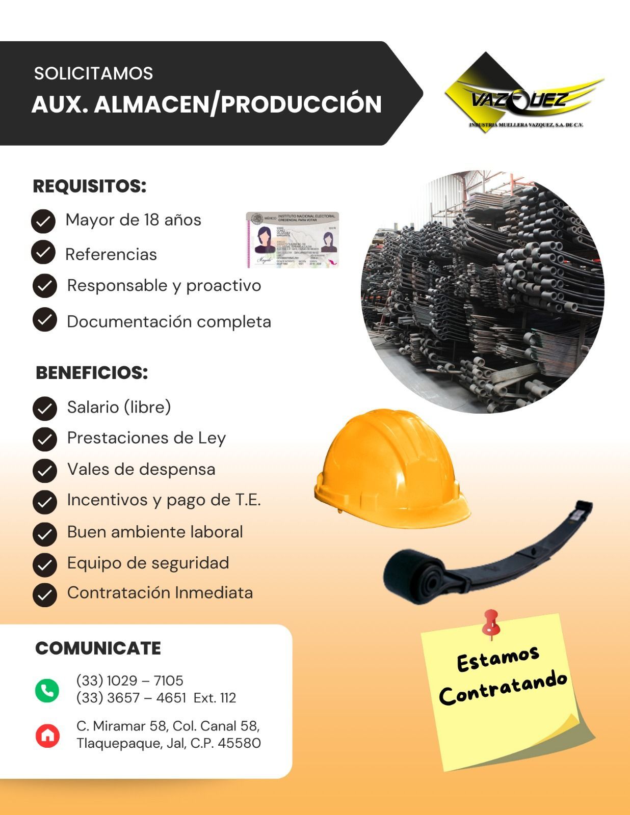 Se parte de nuestro equipo como
Auxiliar de almacen
y
Producción