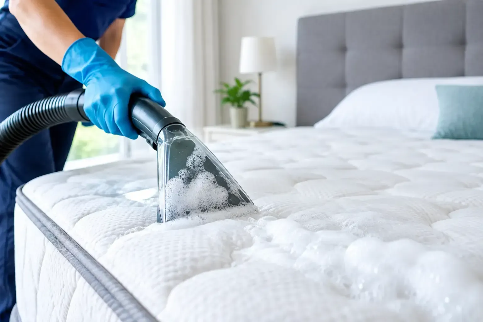 Mattress surface being cleaned with an extraction tool
