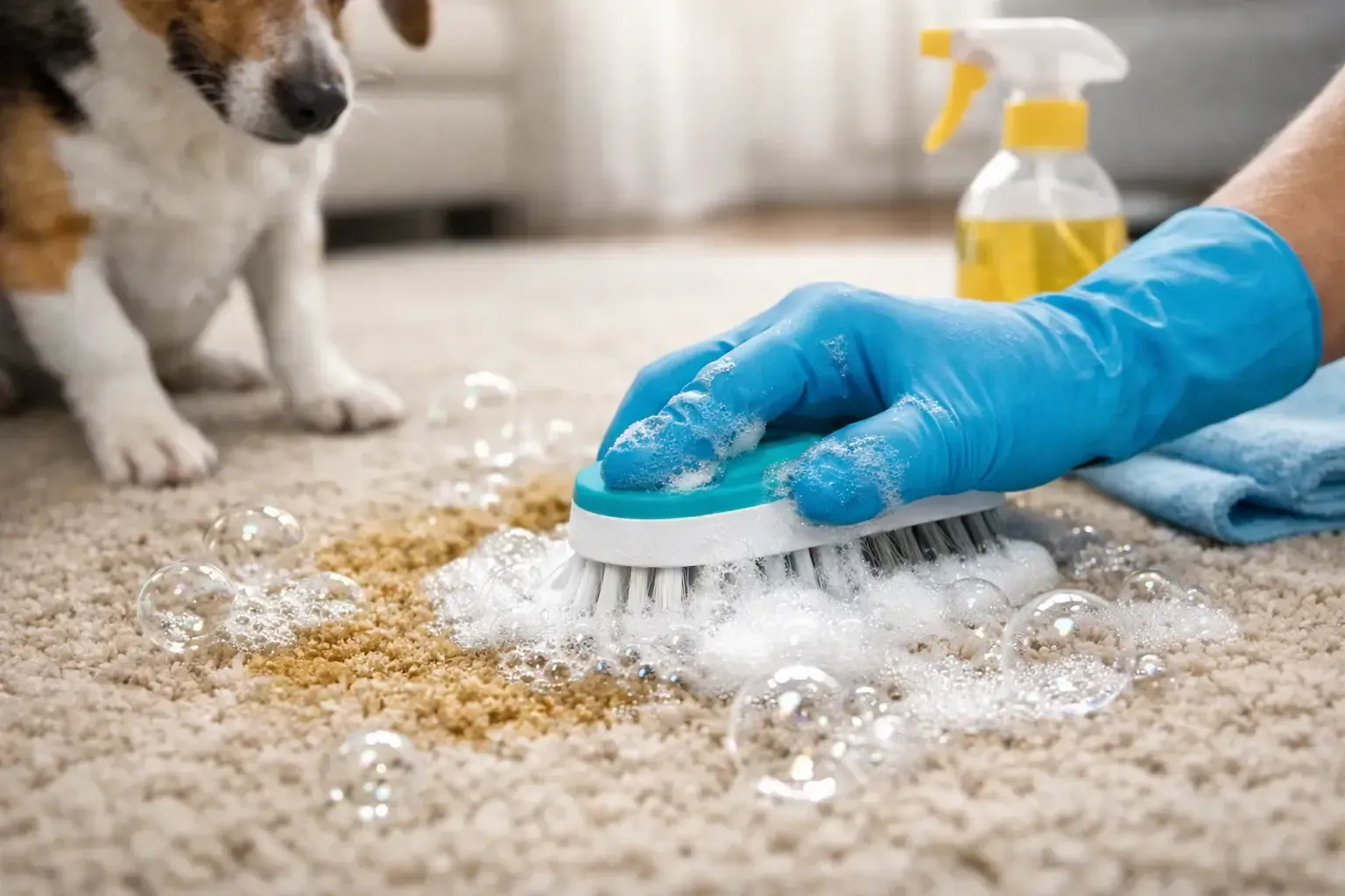 Spot treatment on carpet with a dog nearby