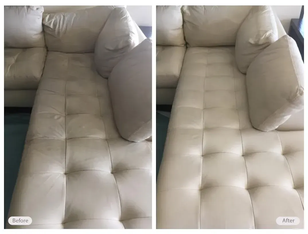Before and after upholstery cleaning comparison of a light-colored sectional sofa