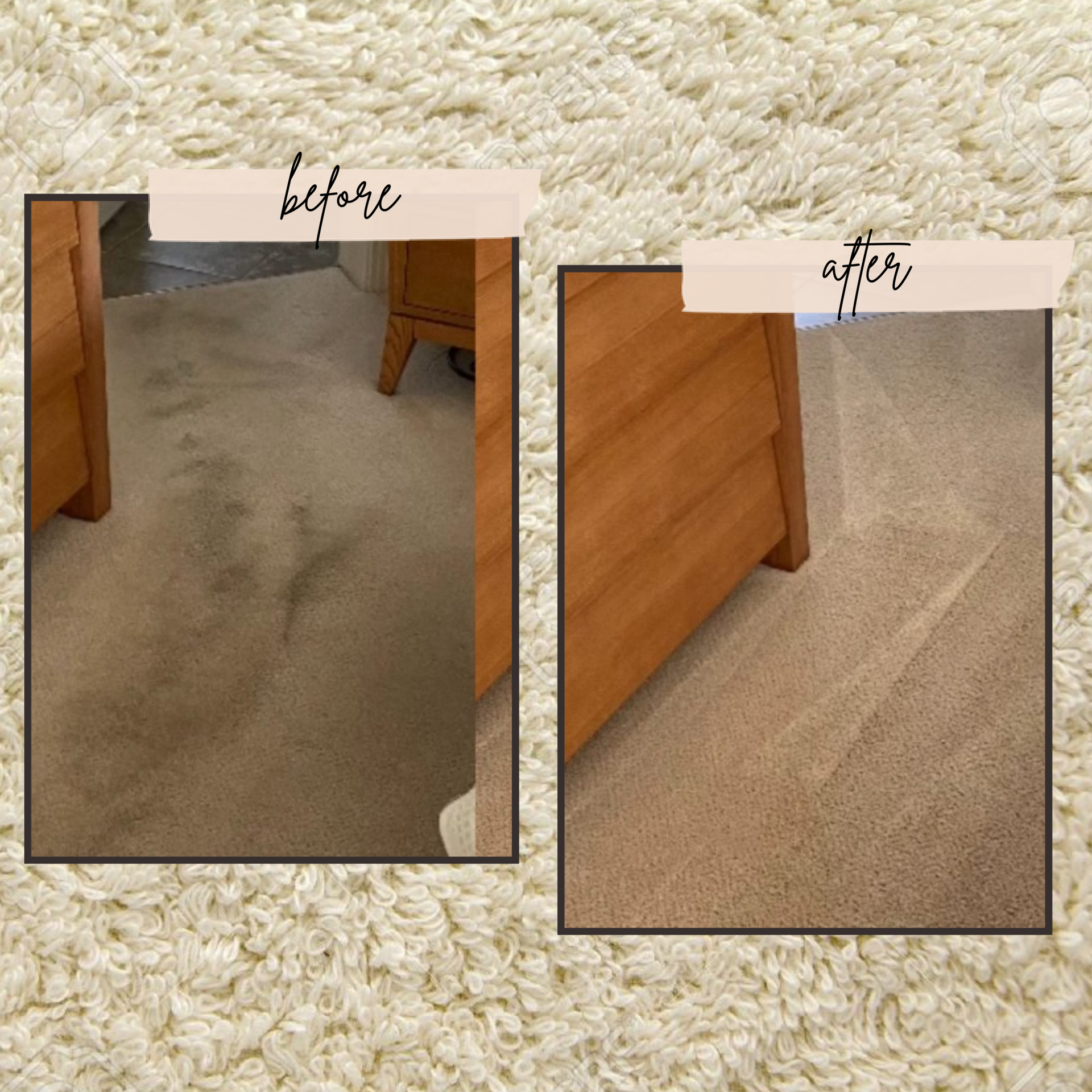 Before and after carpet cleaning showing a stained traffic lane beside bedroom furniture
