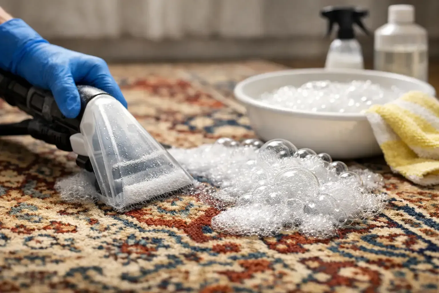 Gloved technician cleaning a patterned area rug