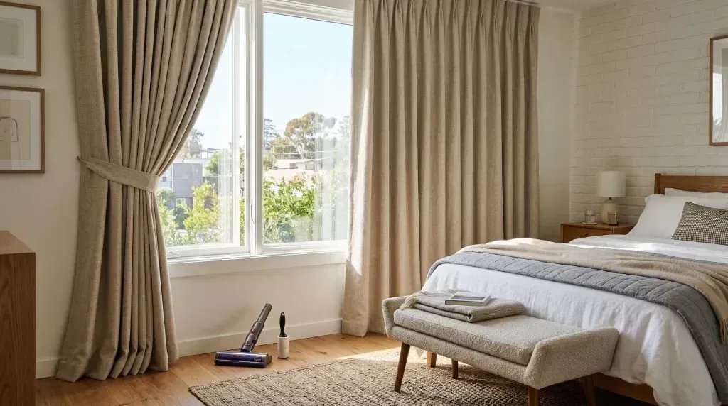 Curtains framing a bright bedroom
