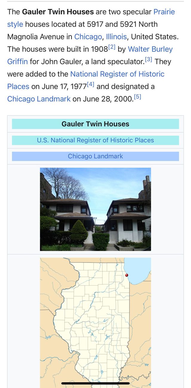 The Gustav Stein Houses, two houses, with an Illinois map below.