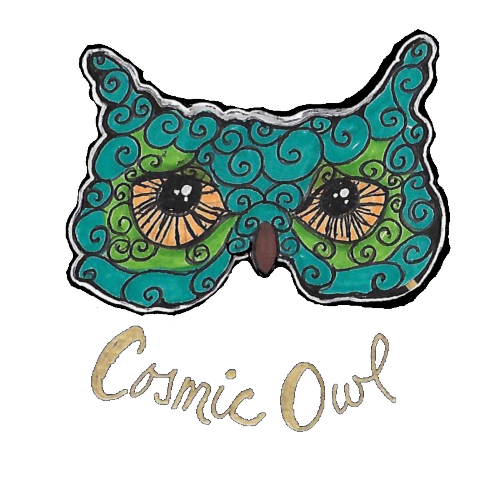 Teal and green owl face with swirling patterns, brown eyes, and the words 