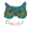 Teal and green owl face with swirling patterns, brown eyes, and the words