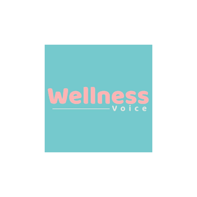 Teal square logo with pink “wellness” and white “voice” text.