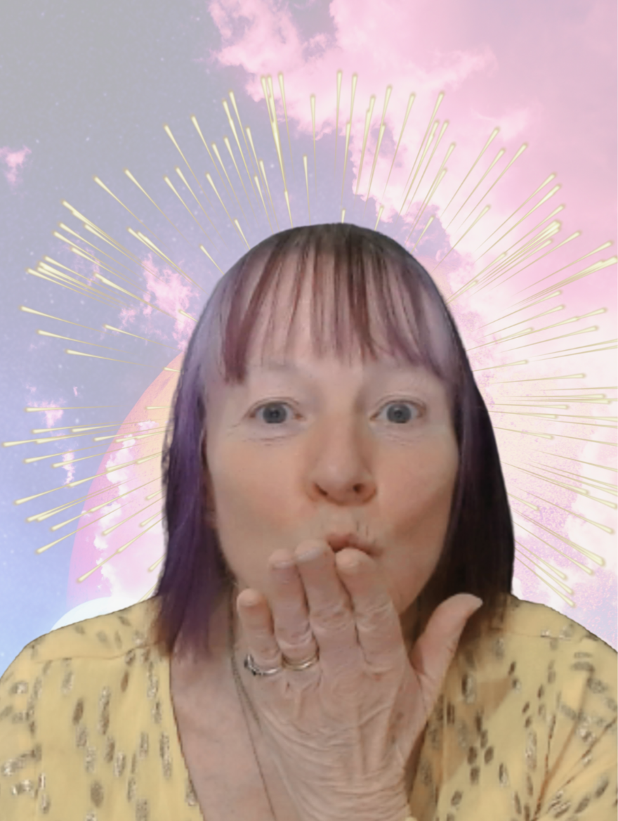 Woman blowing a kiss; wearing yellow top; purple hair; pink and blue background with fireworks.
