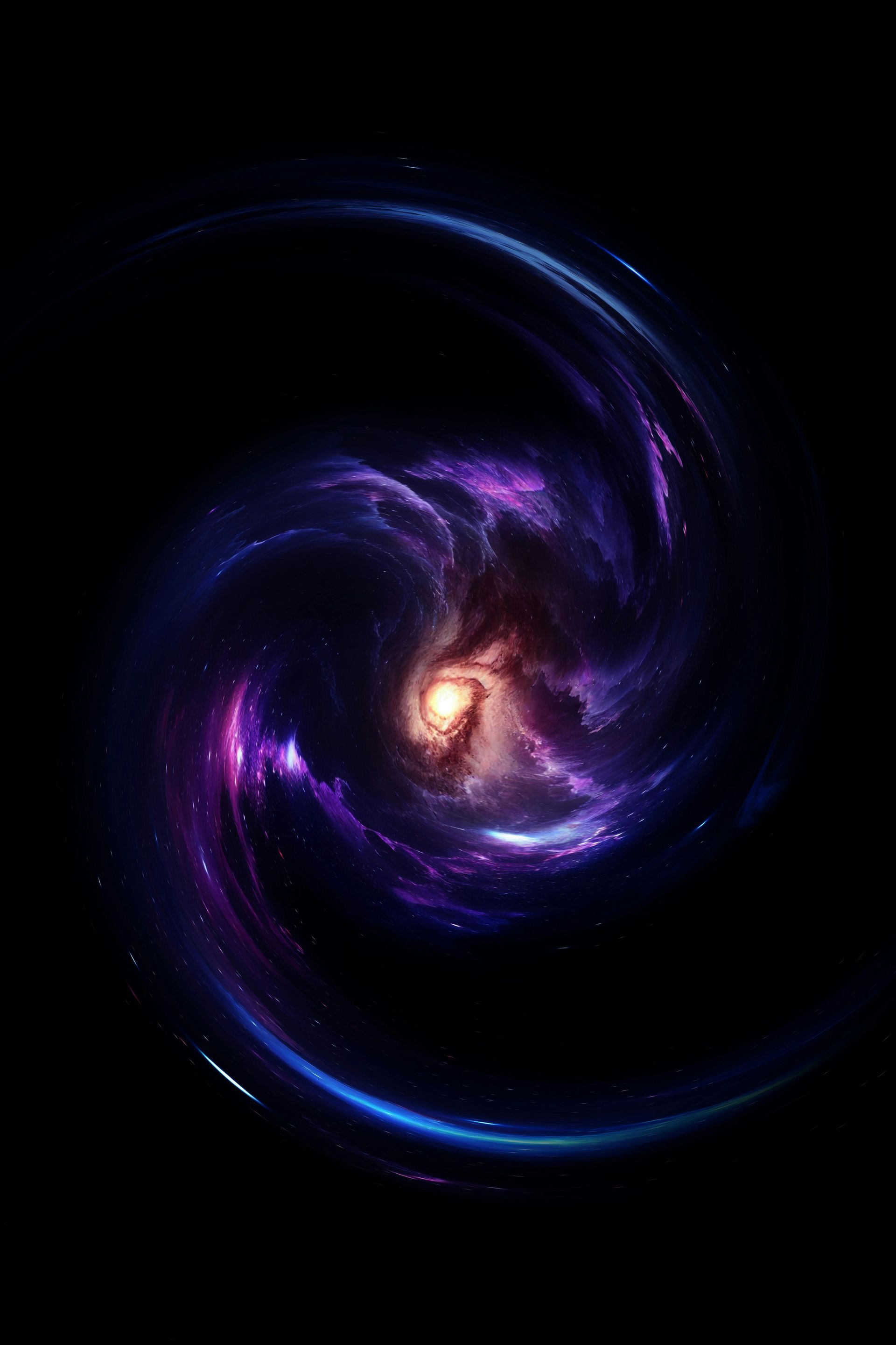 Swirling spiral galaxy with shades of purple, blue, and orange against a black background.
