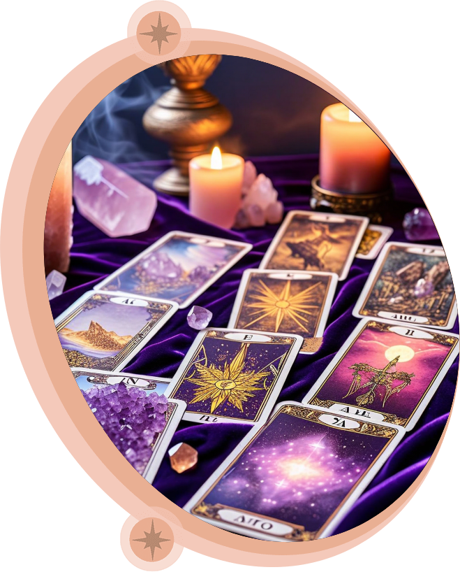 Tarot cards on purple velvet, lit by candles and a lamp, with crystals.