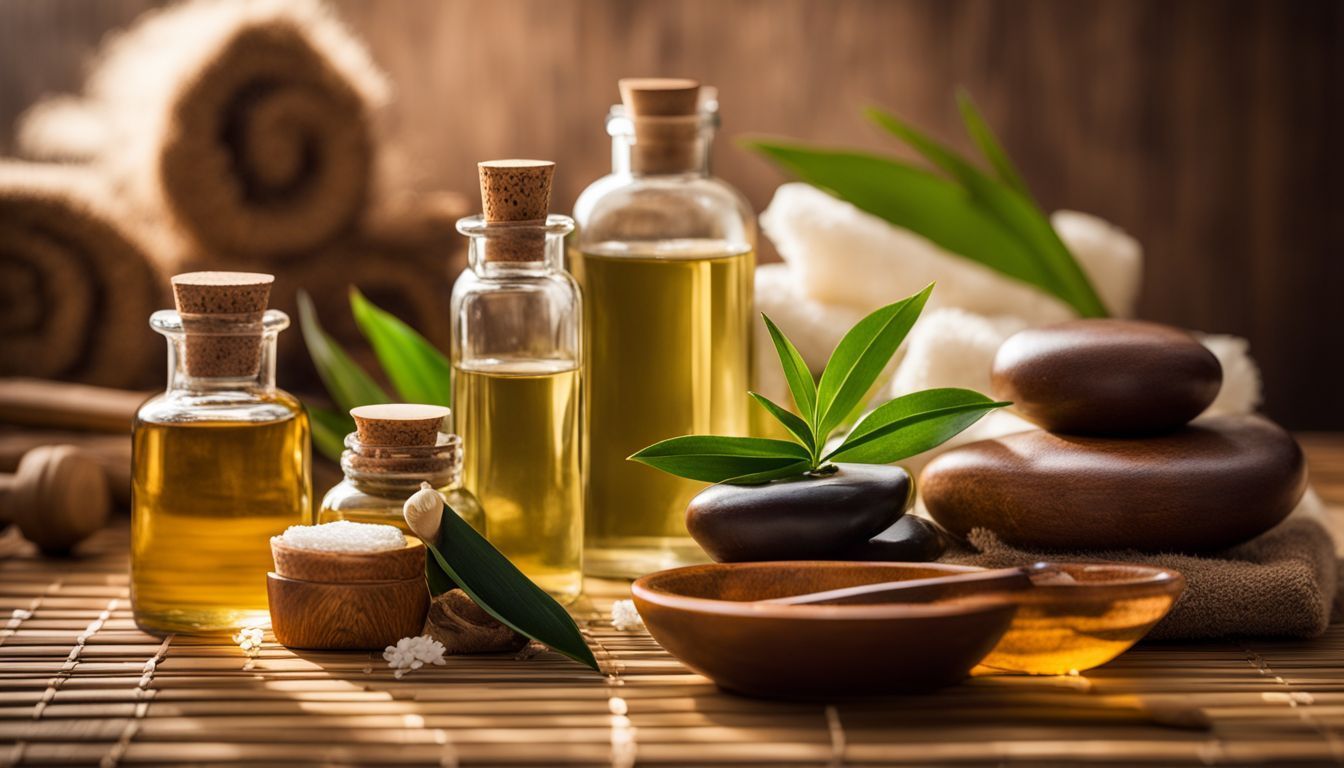 there are many bottles of essential oils on the table .