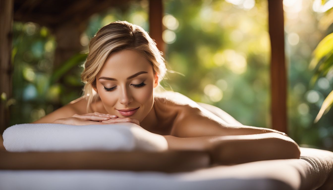 a woman is laying on a massage table in a spa .