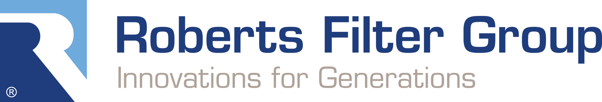 Logo for Roberts Filter Group: blue and white letter R with company name and tagline.