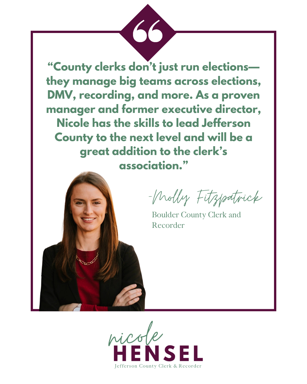 Political ad: Nicole Hensel, headshot, quote from Phally Fitzpatrick supporting Hensel's candidacy.