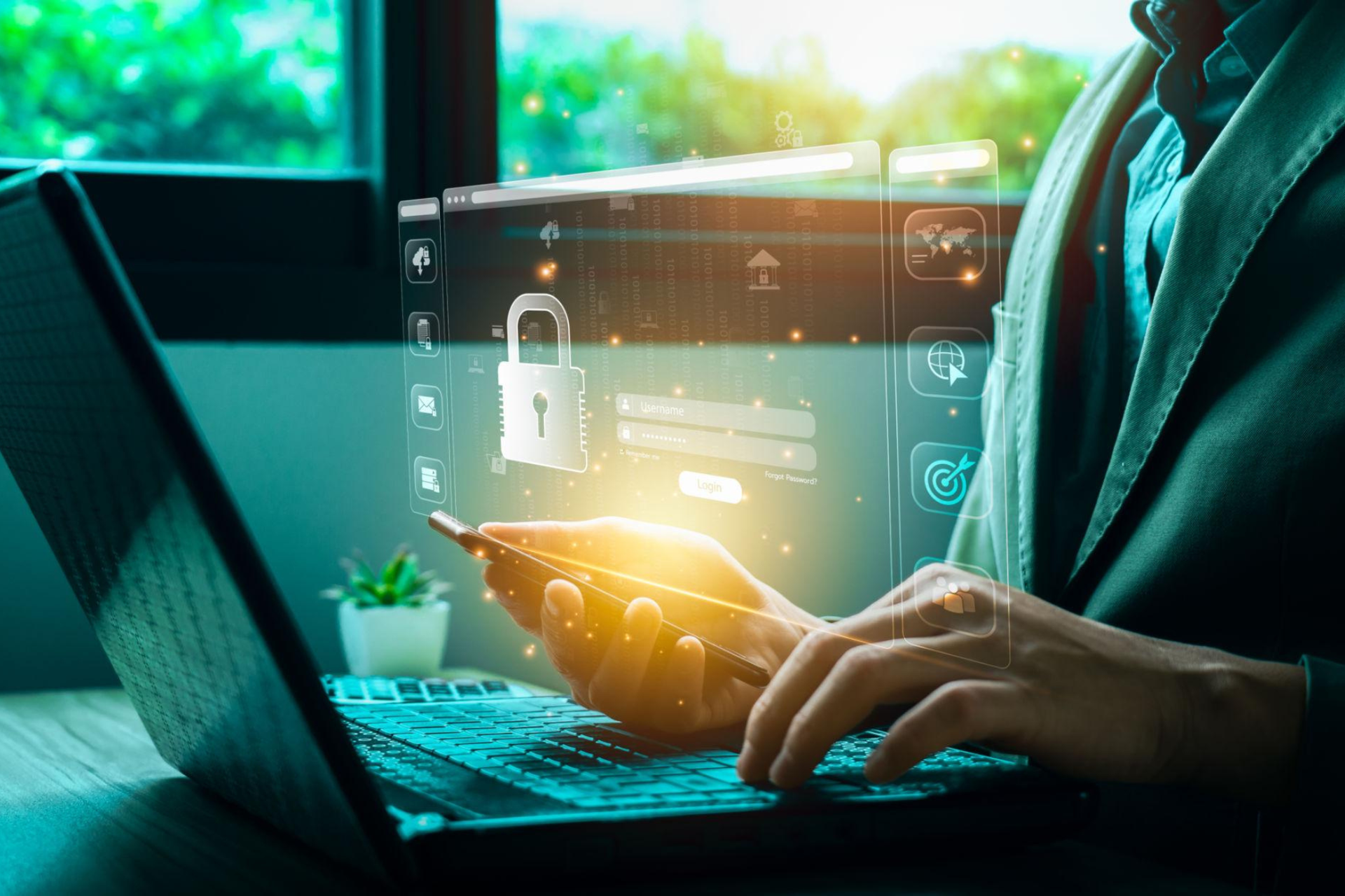 Cybersecurity concept showing digital lock and network protection for business data