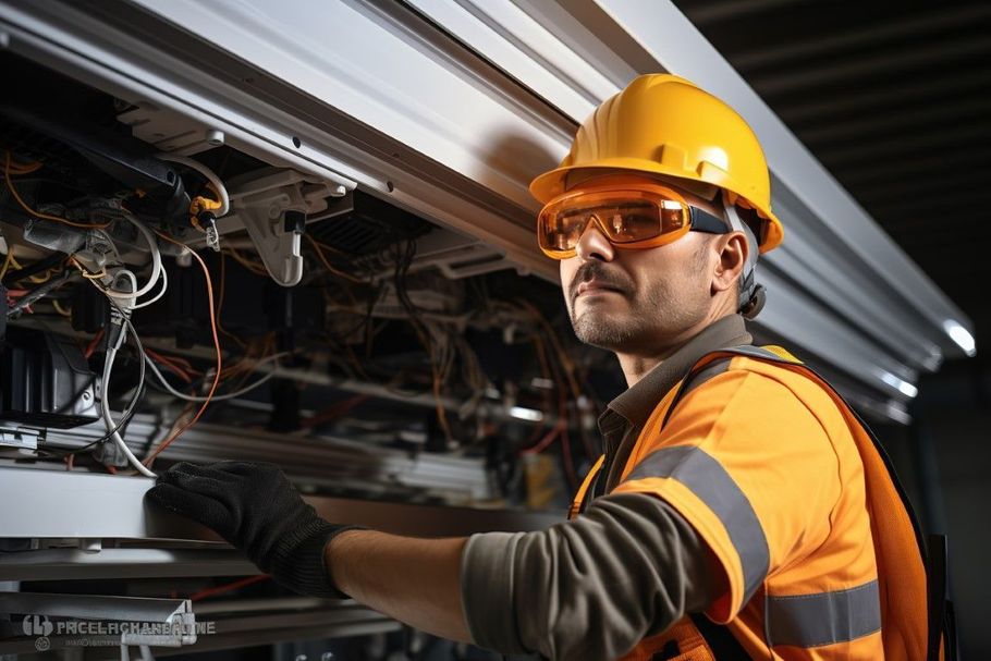 Electrician in orange safety gear and hard hat inspecting overhead wiring inside a facility