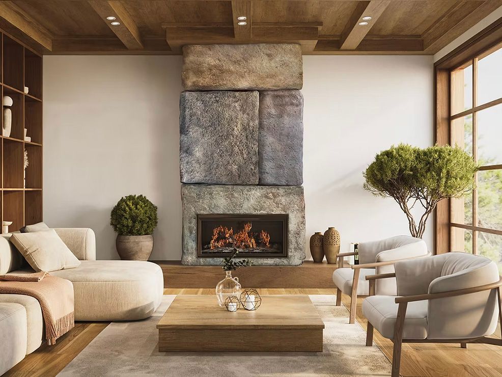 Cozy living room with stone fireplace, wood ceiling, and neutral-toned furniture; a sunny window and potted plants.