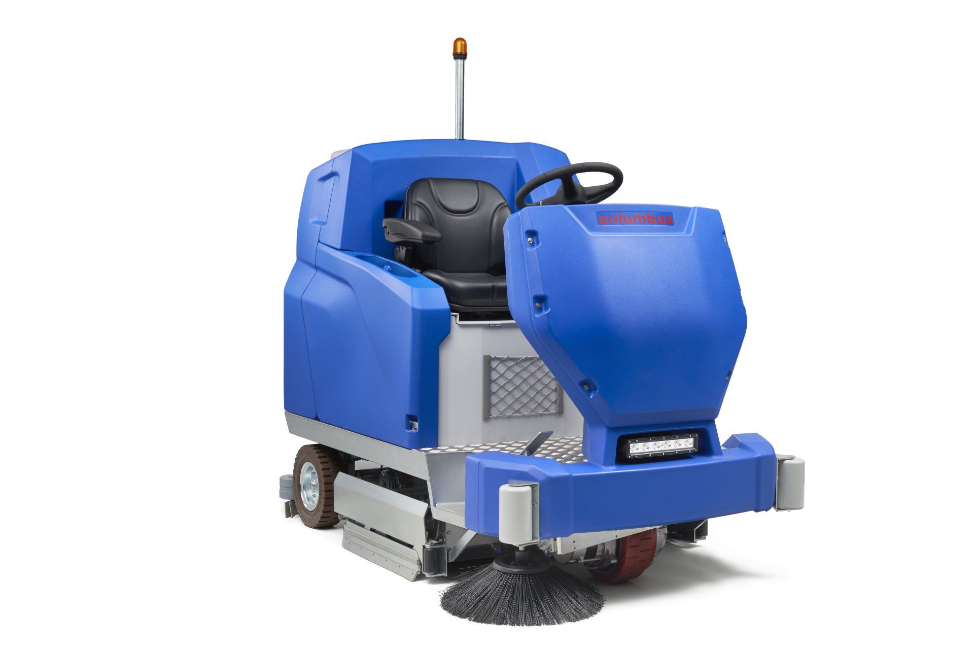 Eine blau-weiße Reinigungsmaschine mit Sitz und Lenkrad auf weißem Hintergrund.